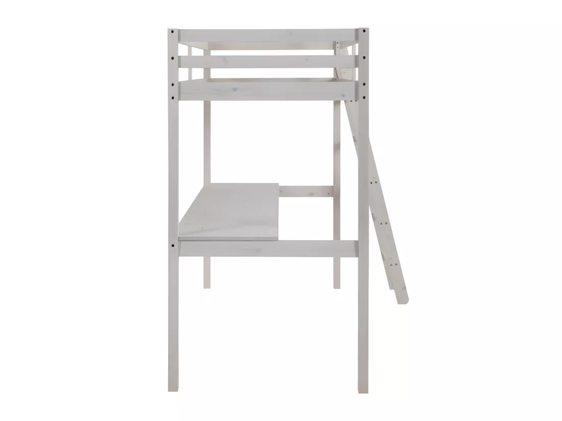 Lit mezzanine GEDEON II - 90 x 190 cm - Avec bureau - Pin massif - Blanchi