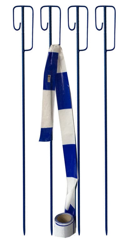 Blauw-witte waarschuwingslint, 100 m x 80 mm, scheurvast + 4 blauwe afzetpalen