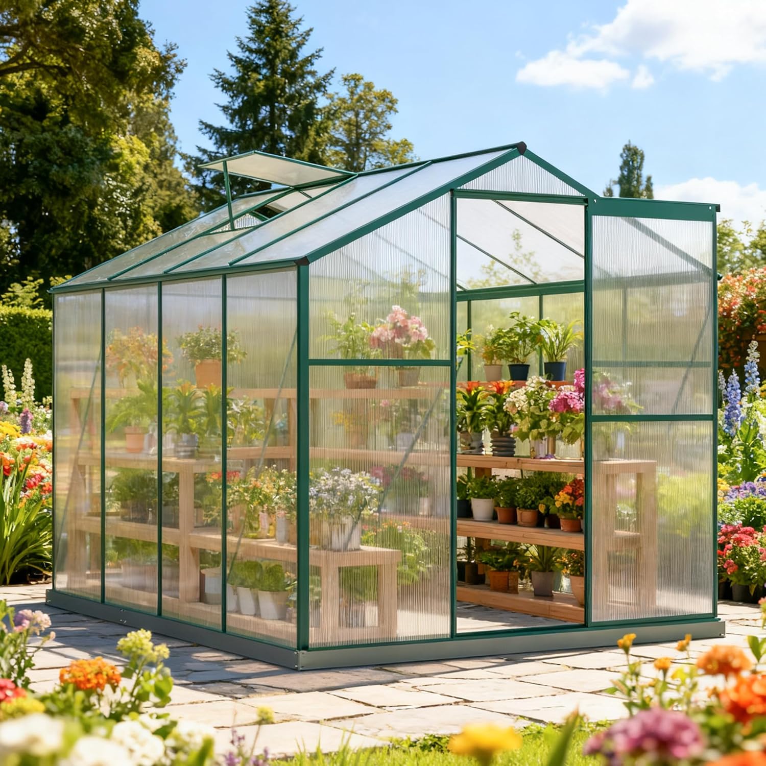 Gewächshaus Aluminium mit Fundament, 4,75 m² - 190 × 253cm, Gartengewächshäuser mit Dachfenster & Schiebetür, Gewächshaus Groß mit UV-beständigen Polycarbonatplatten für Gemüse & Toma