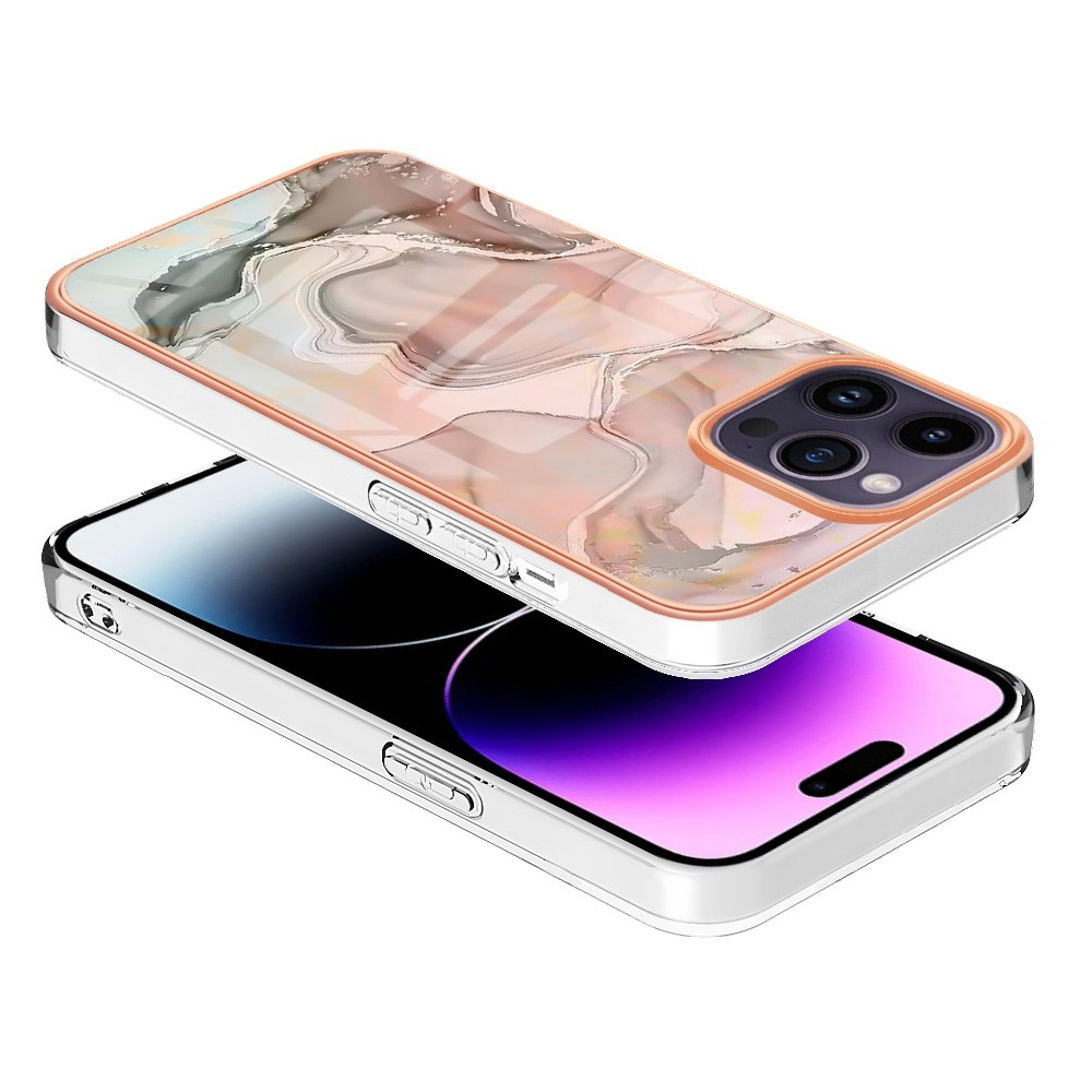 iPhone 14 Pro Max Gummi Case Hülle Galvanisierter Rahmen Marble Marmor Design - Rosa / Grau / Roségold