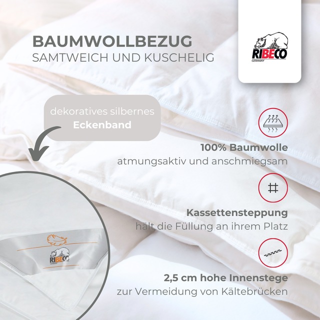 RIBECO Federbettdecke »Laram, Bettdecken für Sommer oder Winter, Made in Germany« warm Füllung 90 % Federn, 10 % Daunen Bezug Baumwolle 1 Stk. tlg. Super Preis-Leistung, Bettdecke 135x200 cm oder 155x220 cm, Decke