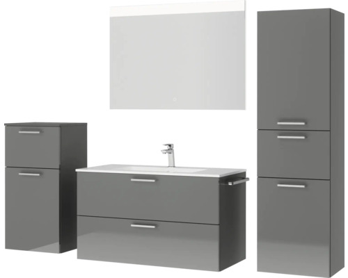 Badkamermeubelset NOBILIA Programma 2 BxHxD 210 x 169,1 x 48,7 cm, fronten hoogglans grijs, met wastafelmeubel wit en spiegel met ledverlichting, halfhoge kast, onderkast, greep mat chroom, 269
