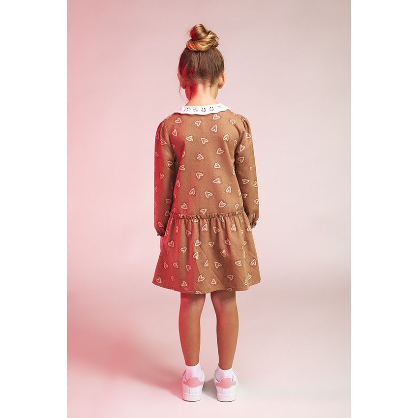 Robe manches longues en voile de viscose imprimé coeurs pour fille - Marron