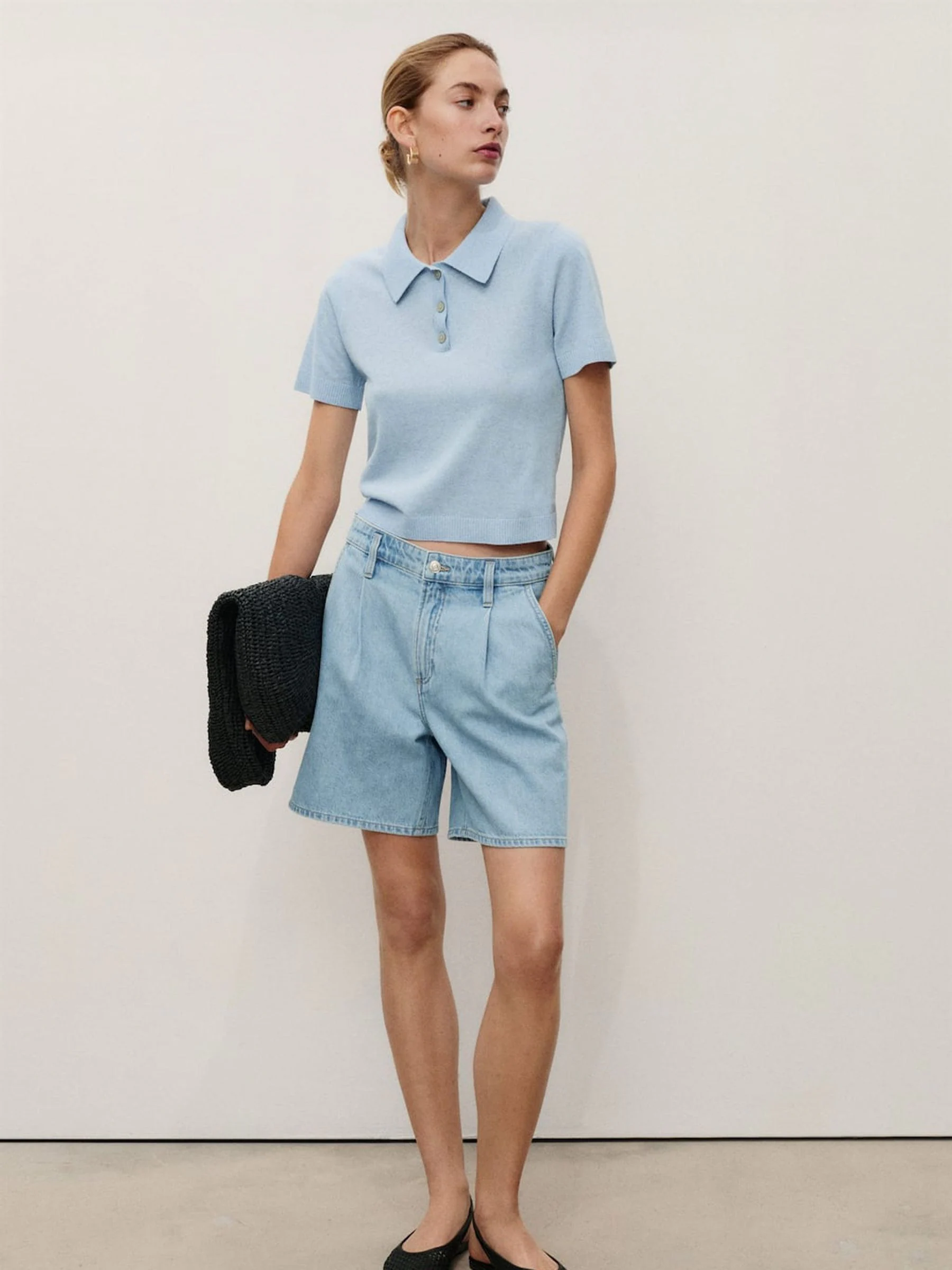 Mango Pleated Denim Bermuda Shorts