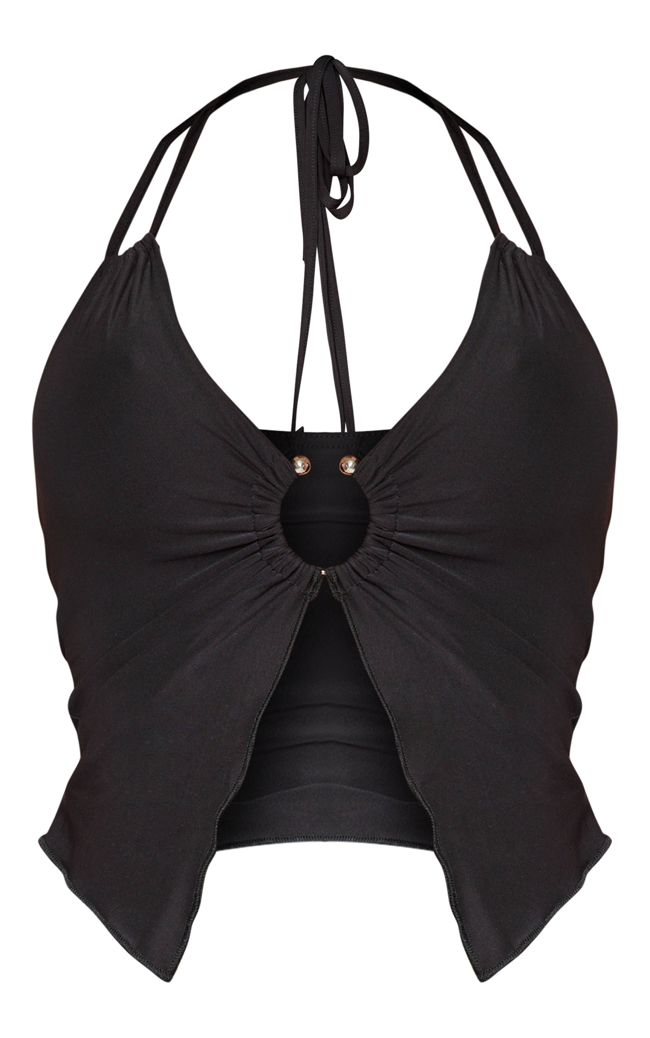 Noir Top Court Ajusté Col Licou Avec Anneau En Tissu Slinky Shape