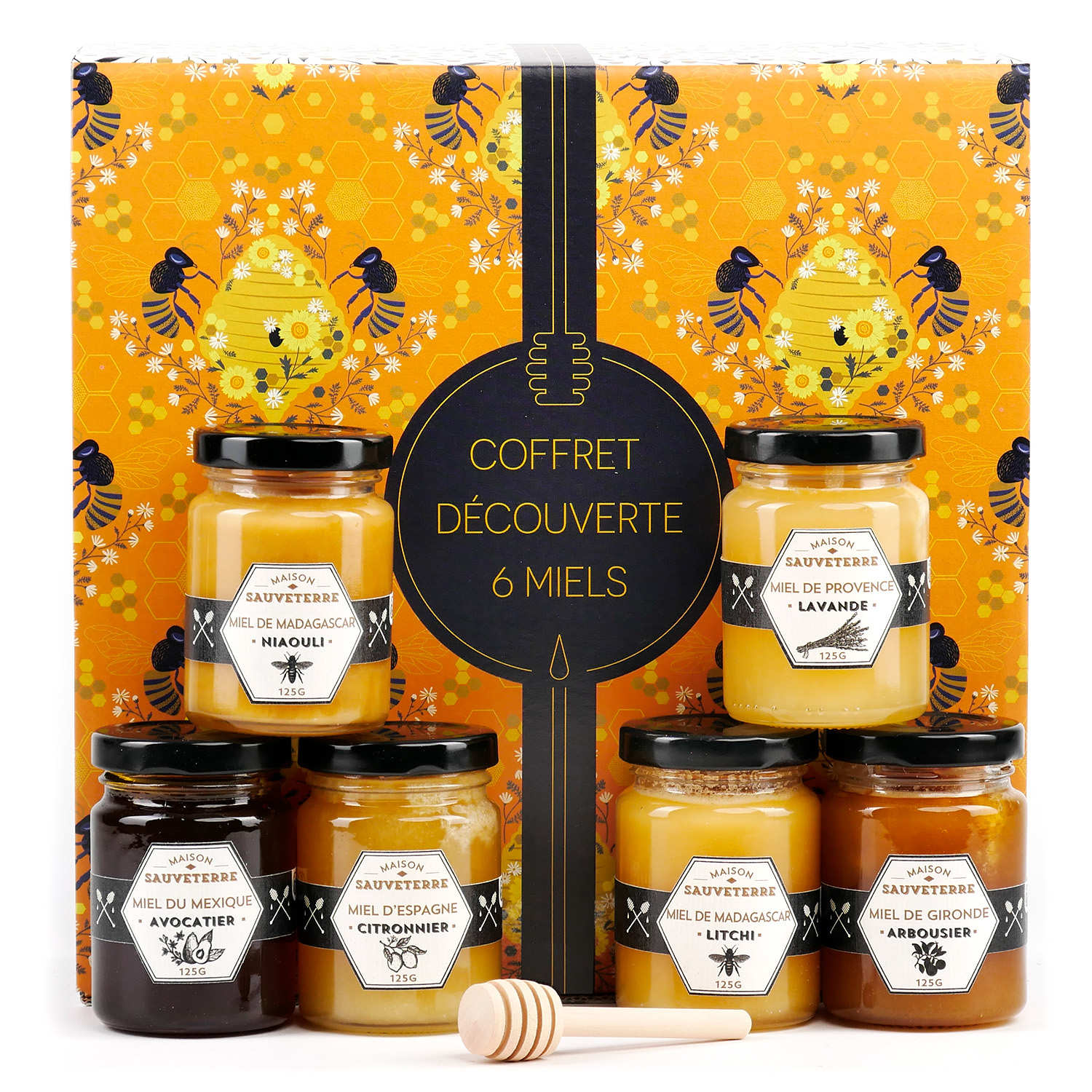 Assortiment de 6 miels du monde et 1 cuillère à miel