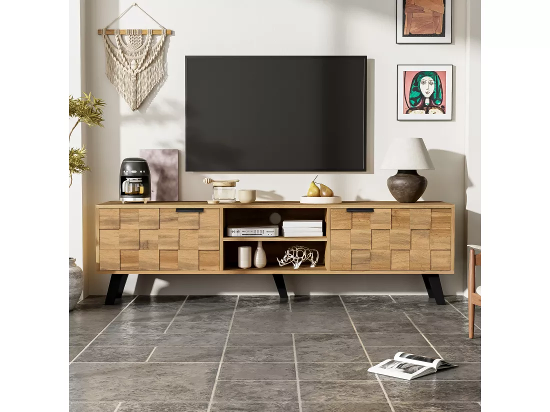 Meuble TV moderne effet bois avec 2 portes et 2 compartiments ouverts 160x35x45cm Dhaasti