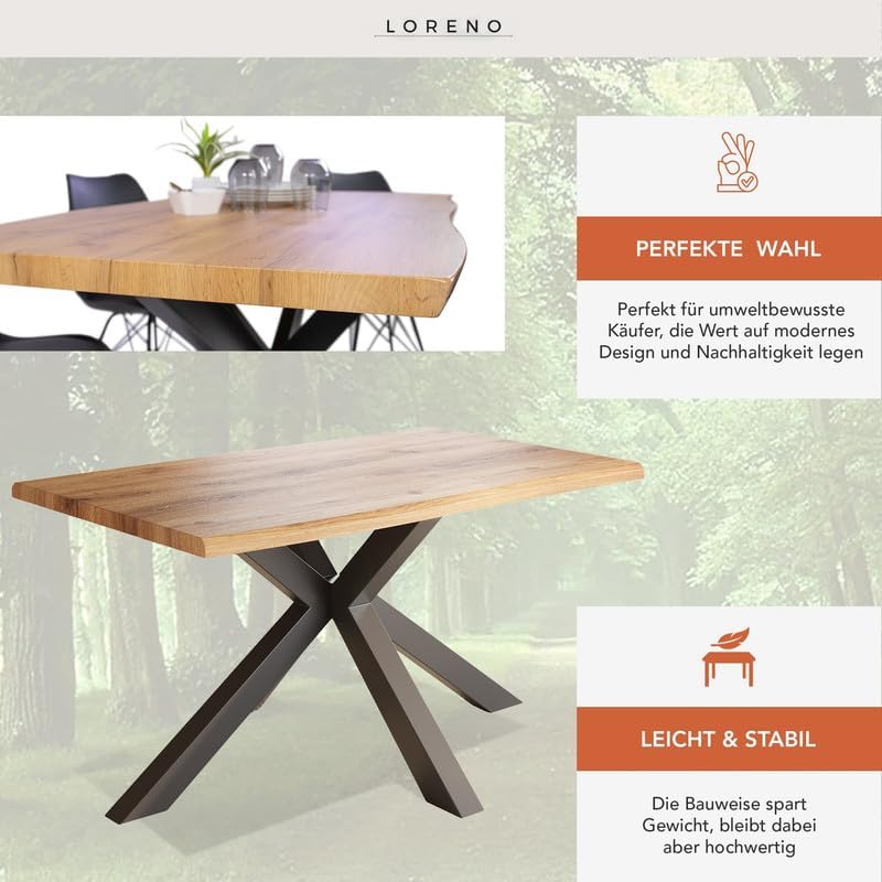 Loreno Esstisch - 200 cm x 100 cm – 4 cm MDF Tischplatte, Wildeiche-Optik – U-Gestell – Schwarz - Perfekt für Esszimmer und Küche