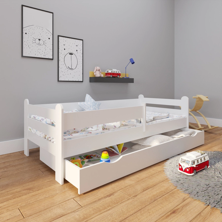 Kids Collective Kinderbett 80x160 | 80x180 | 90x200 cm mit Rausfallschutz, Schublade weiß