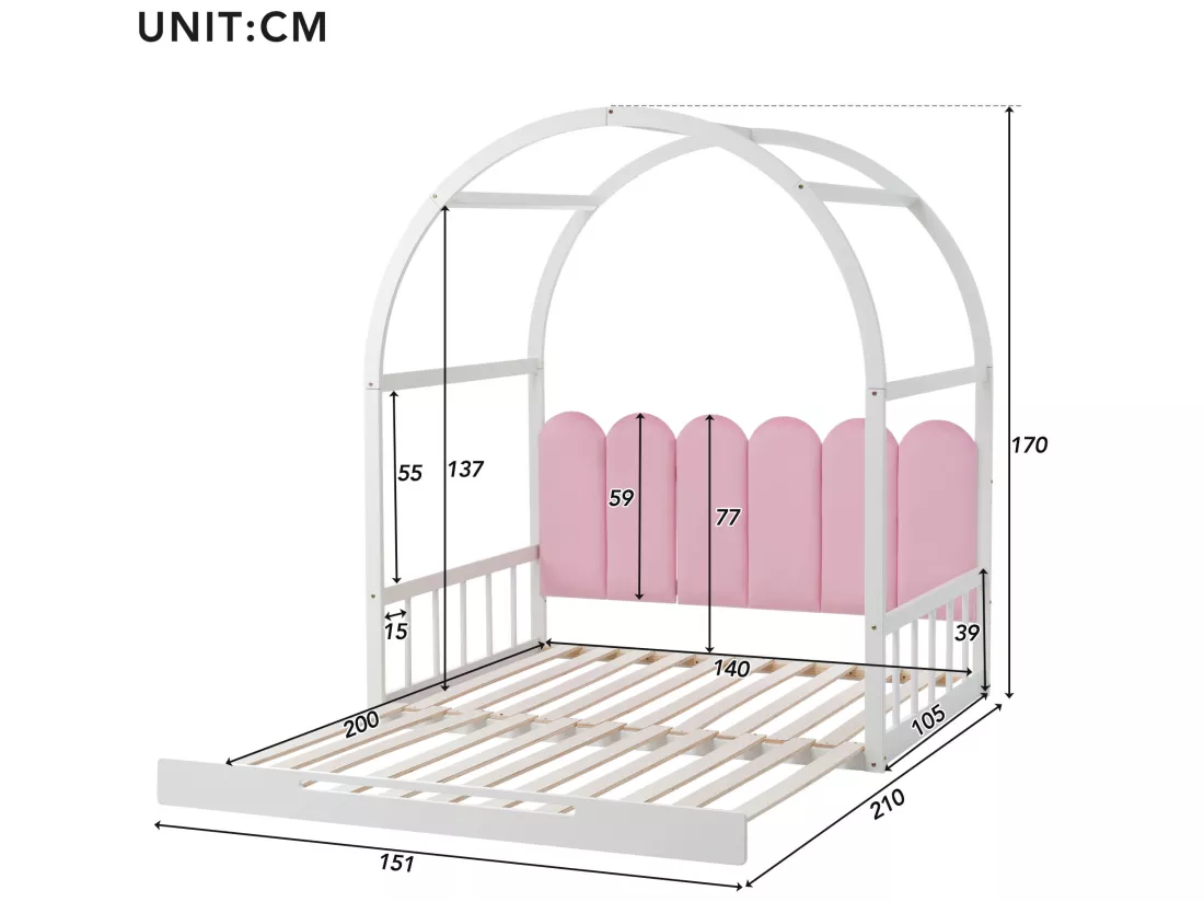 Lit gigogne 140x100/200cm en bois massif - avec tête en velours et sommier à lattes - Rose & Blanc