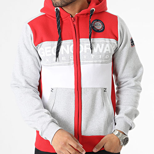 Sweat Zippé Capuche Blanc Gris Chiné Rouge