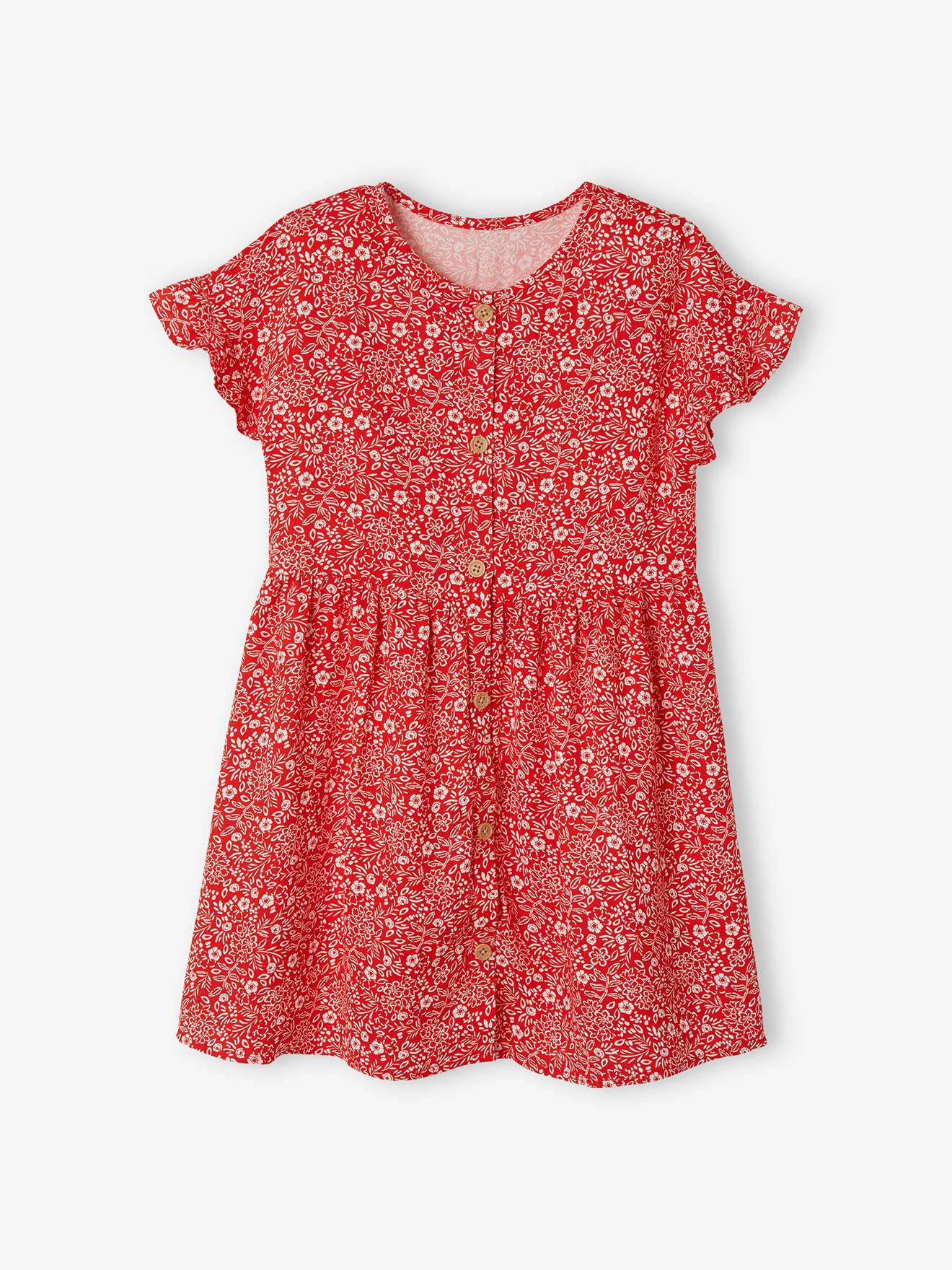 Vestido com botões e estampa floral, para meninas, na cor bege claro.