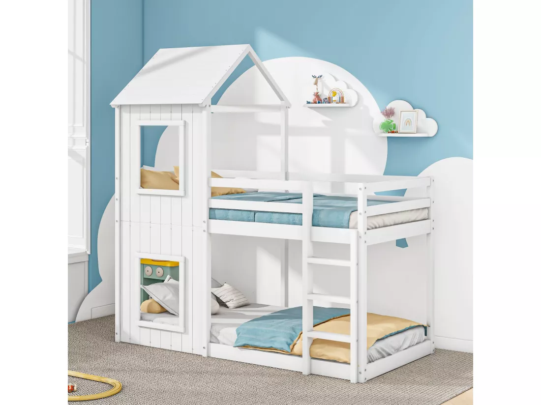 Lits Superposés Enfant 90*200 cm - Lit Maison Avec Échelle et Baldaquin - Du Sol Au Plafond - Bois Massif - Blanc