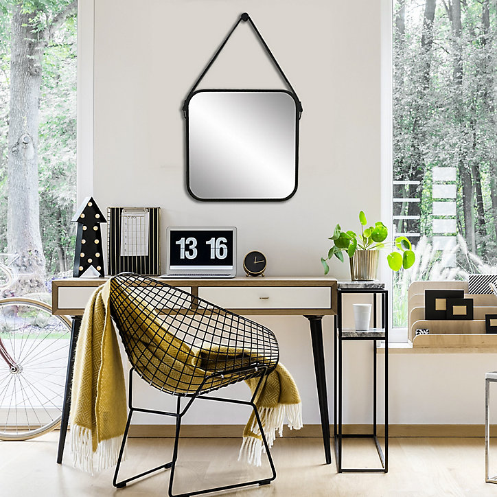 Miroir barbier avec lanière métal noir 60x60cm