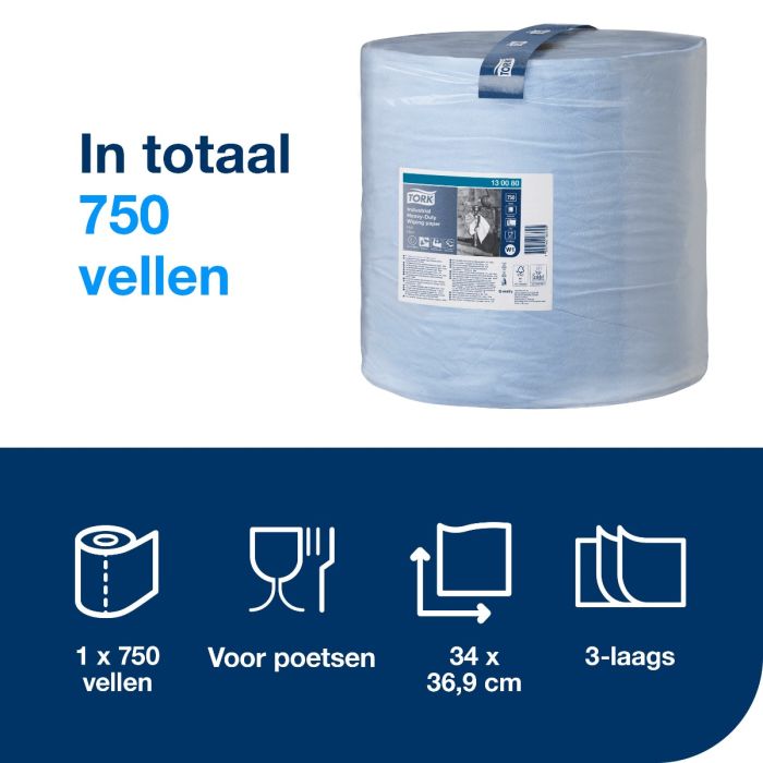 Tork 130080 W1 Industrial Heavy-Duty Poetspapier Blauw W1 750 vellen (130080)
