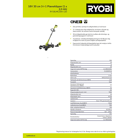 Ryobi plæneklipper m. trimmer