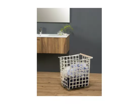 Panier de rangement décoratif en métal, avec roues et poignée en bois, grand modèle, ZESTA