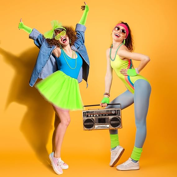 (19-tlg. Set) Fasnachts Erwachsenen Kostüm 80er Jahre Neon Verkleidung für Motto Partys inkl. Netzhandschuhe / Tüllrock / Stulpen / Brille - Grün