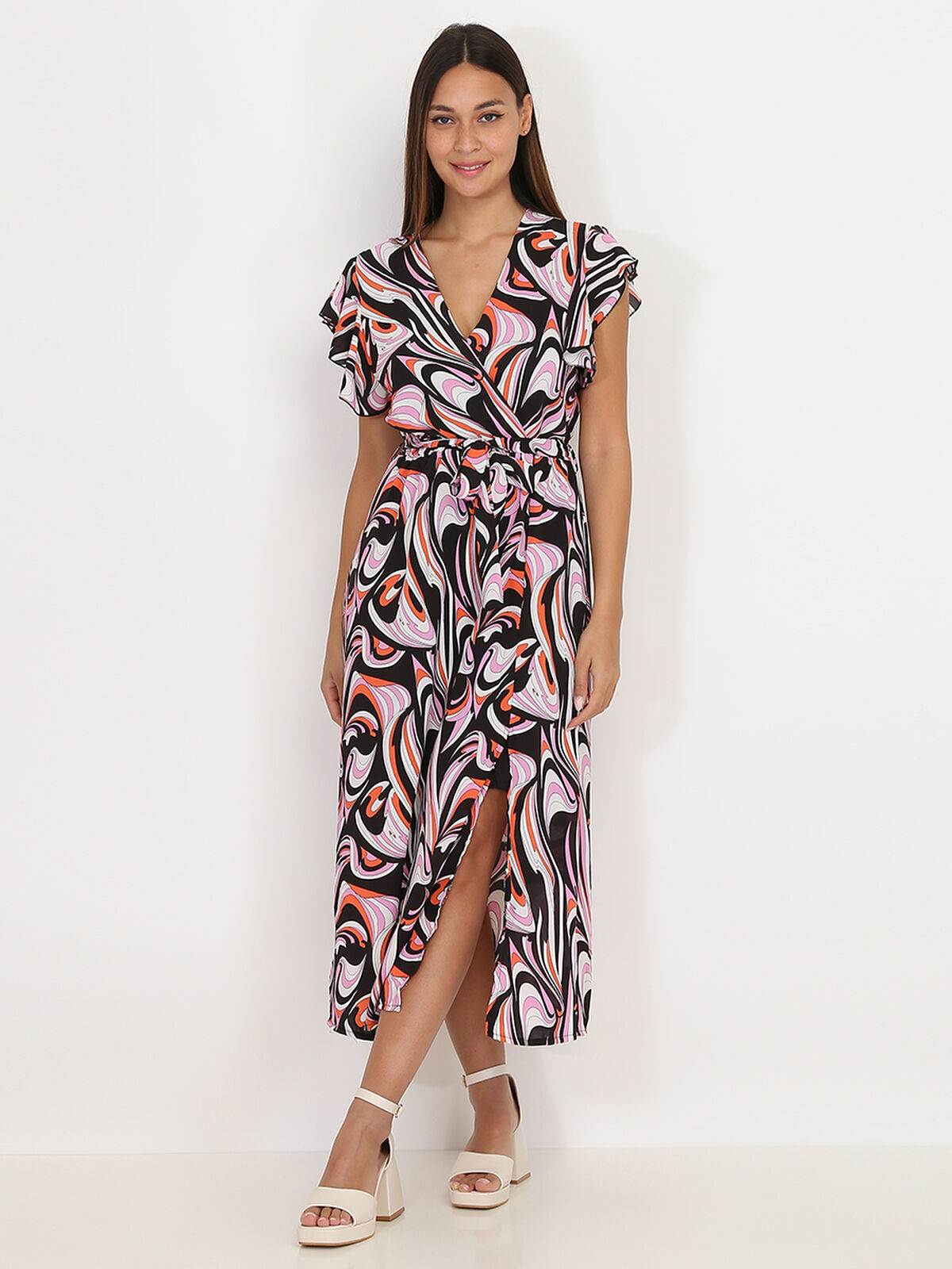 Robe fendue à motif arabesques- Noir