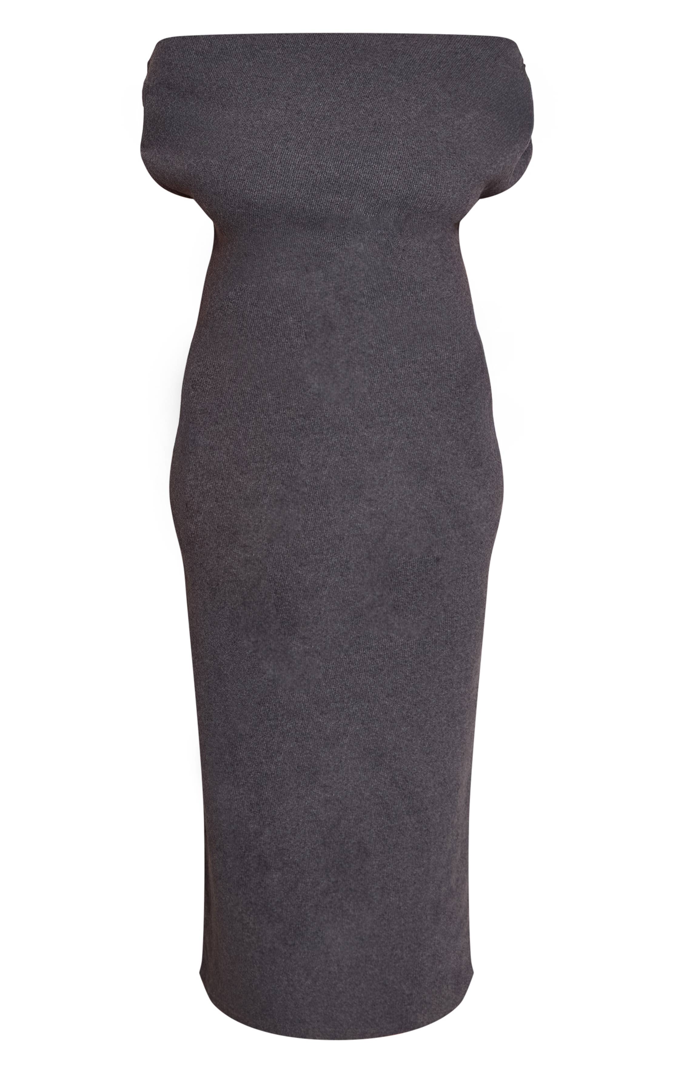 Charbon Robe Maxi Grande Taille En Maille Brossée Côtelée Avec Détail Froncé Asymétrique