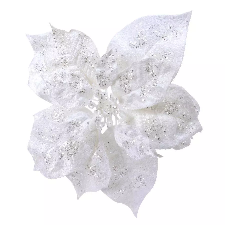 Poinsettia de Noël pailletée sur clip (D16 cm) Glit Blanc