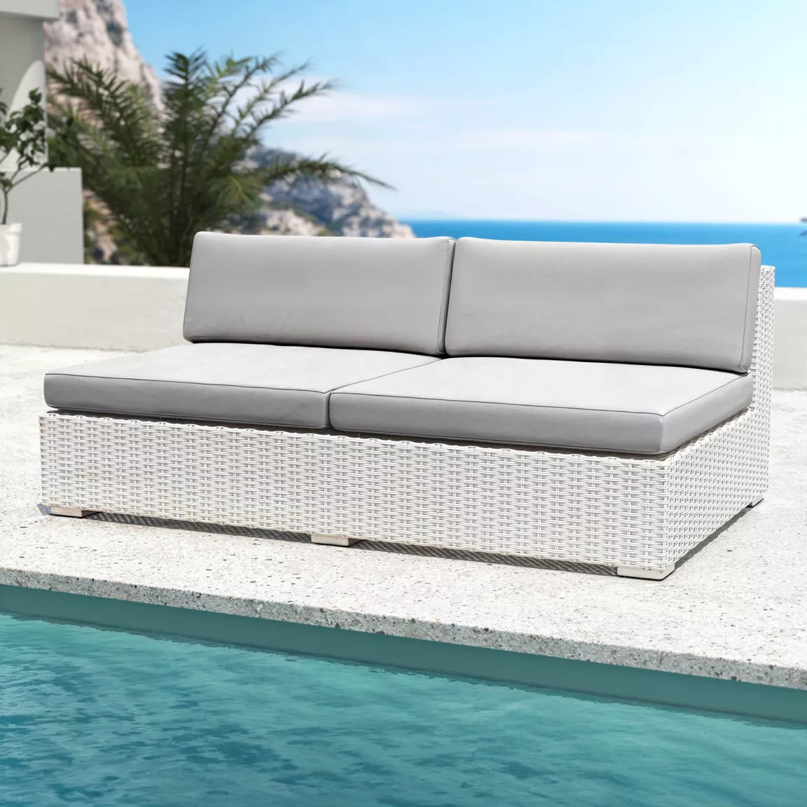 Chauffeuse de jardin en résine tressée 2 places Palma Blanc et gris