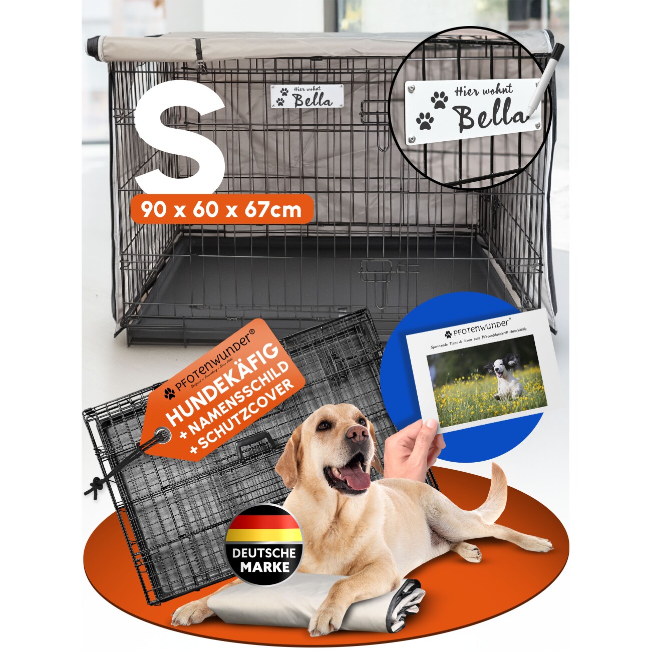PfotenWunder® Hundekäfig klappbar 90*60*67cm, Hundetransportkäfig mit 2 Türen + 1 Abdeckung & 1 Trainingsbuch | Tiertransportbox, Hundetransportbox, Hundebox Auto, Drahtkäfig faltbar mit Bodenschale