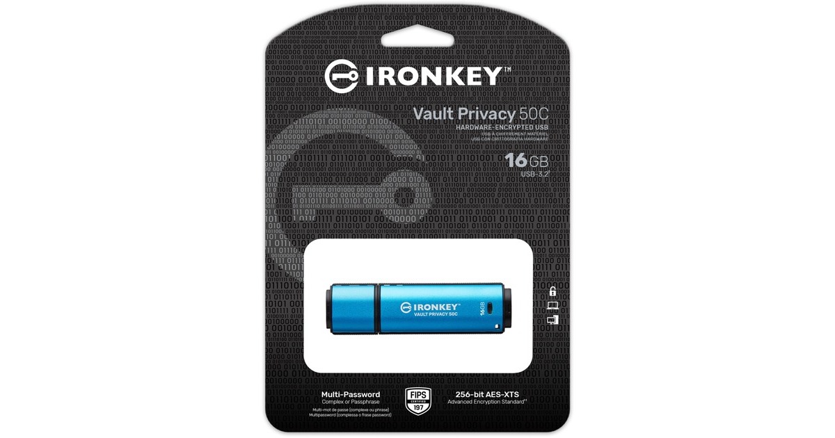 KingstonIronKey Vault Privacy 50 16 GB usb-stick  (Lichtblauw/zwart, USB-C 3.2 Gen 1)