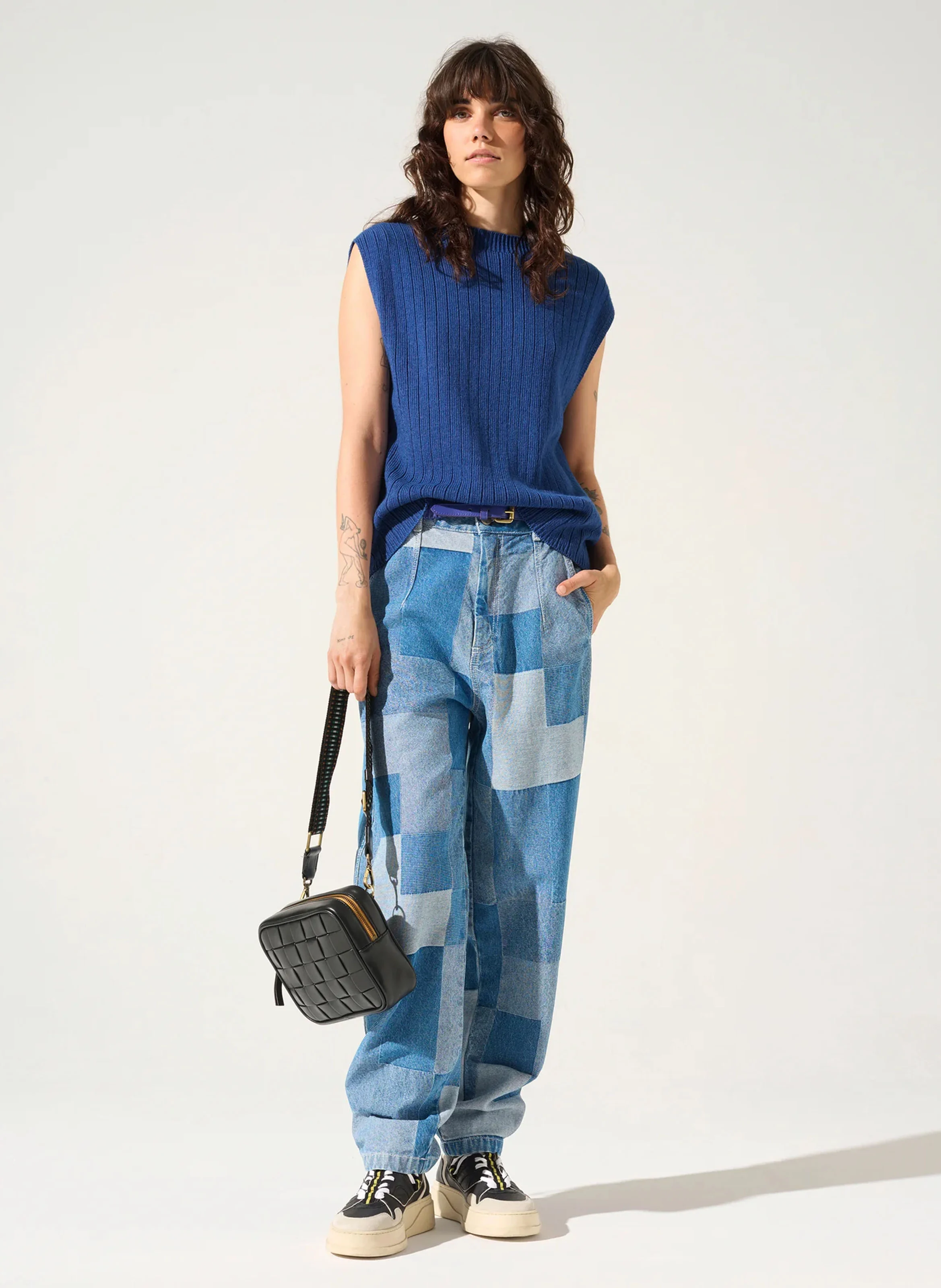 TRACY - Pull col rond droit en coton et laine mélangé | Bleu