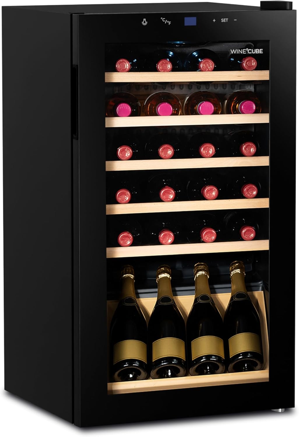 °CUBES Weinkühlschrank 28 Flaschen (90L) mit eleganter Glastür & hochwertigen Regalen aus Buchenholz | 5-18°C, vibrationsarm & leise (40dB) | Weinschrank mit LED Display - Tolles Geschenk