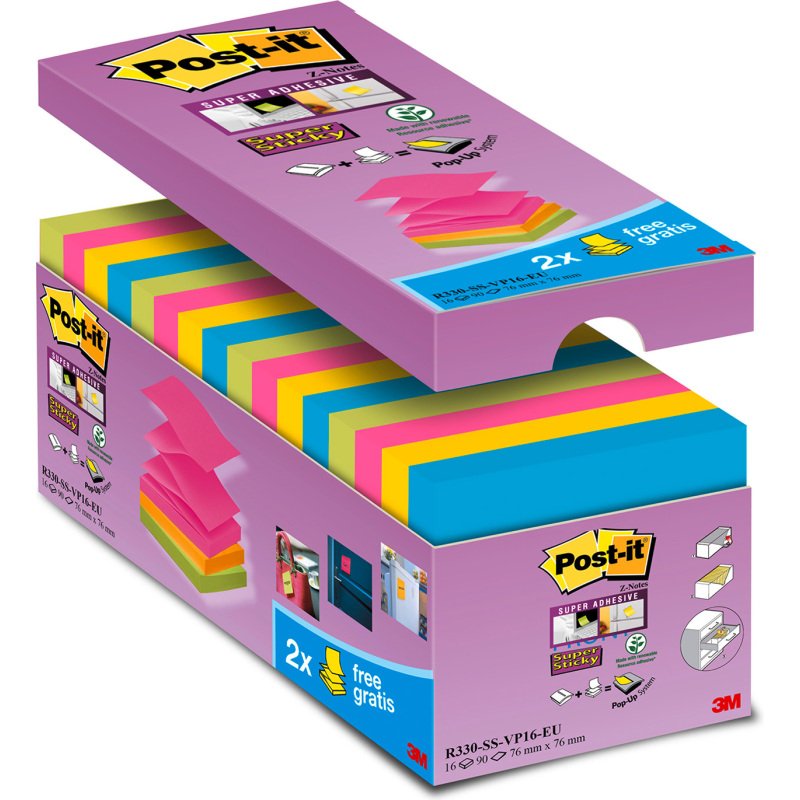 Pack 14 Z-notes repositionnables couleurs Super Sticky Post-it 76 x 76 mm - bloc de 90 feuilles + 2 offertes