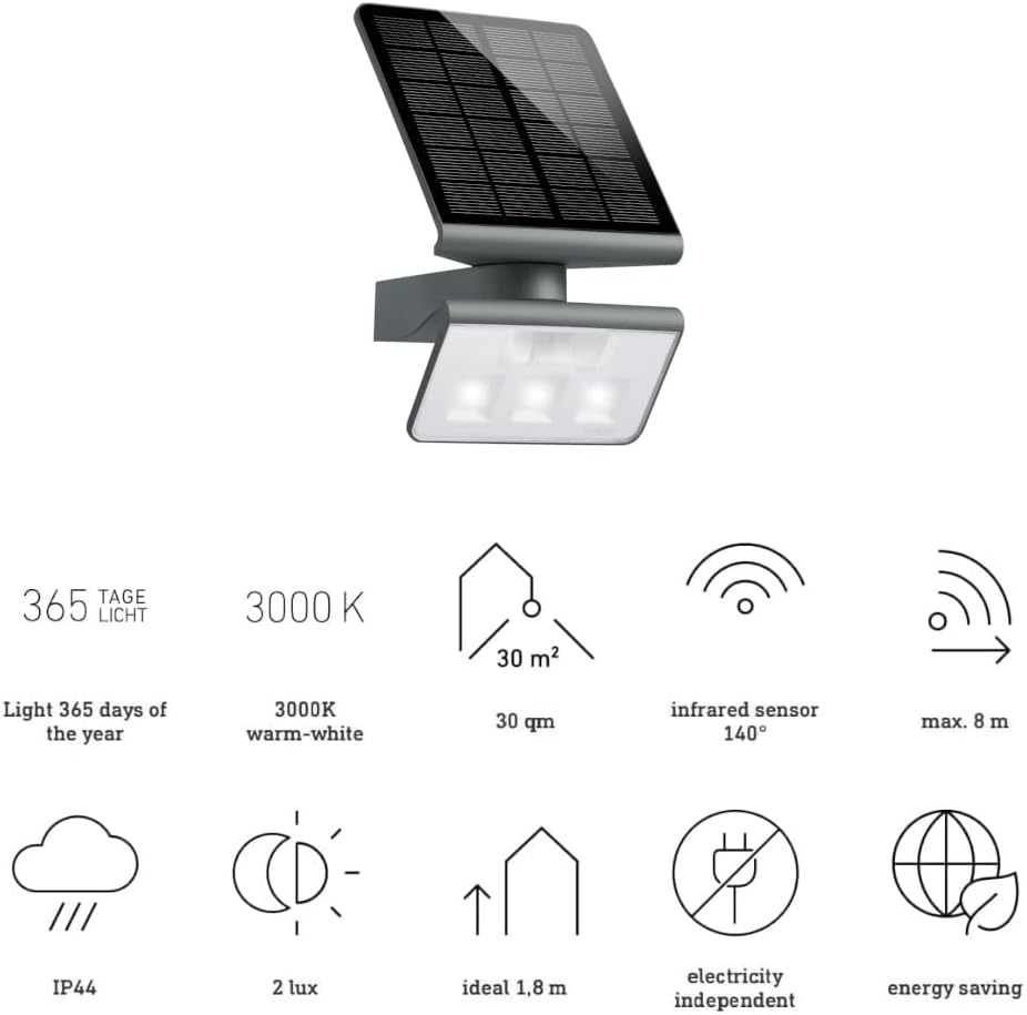 Steinel LED Solarleuchte XSolar L-S ONE anthrazit, Wandlampe, Bewegungsmelder, Nachtlicht, Gartenlampe Solar, 3000 mAh Akku