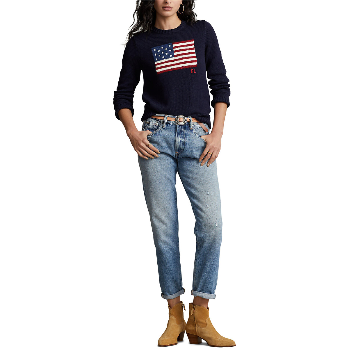 POLO RALPH LAUREN<br>Suéter de gola redonda, bandeira americana