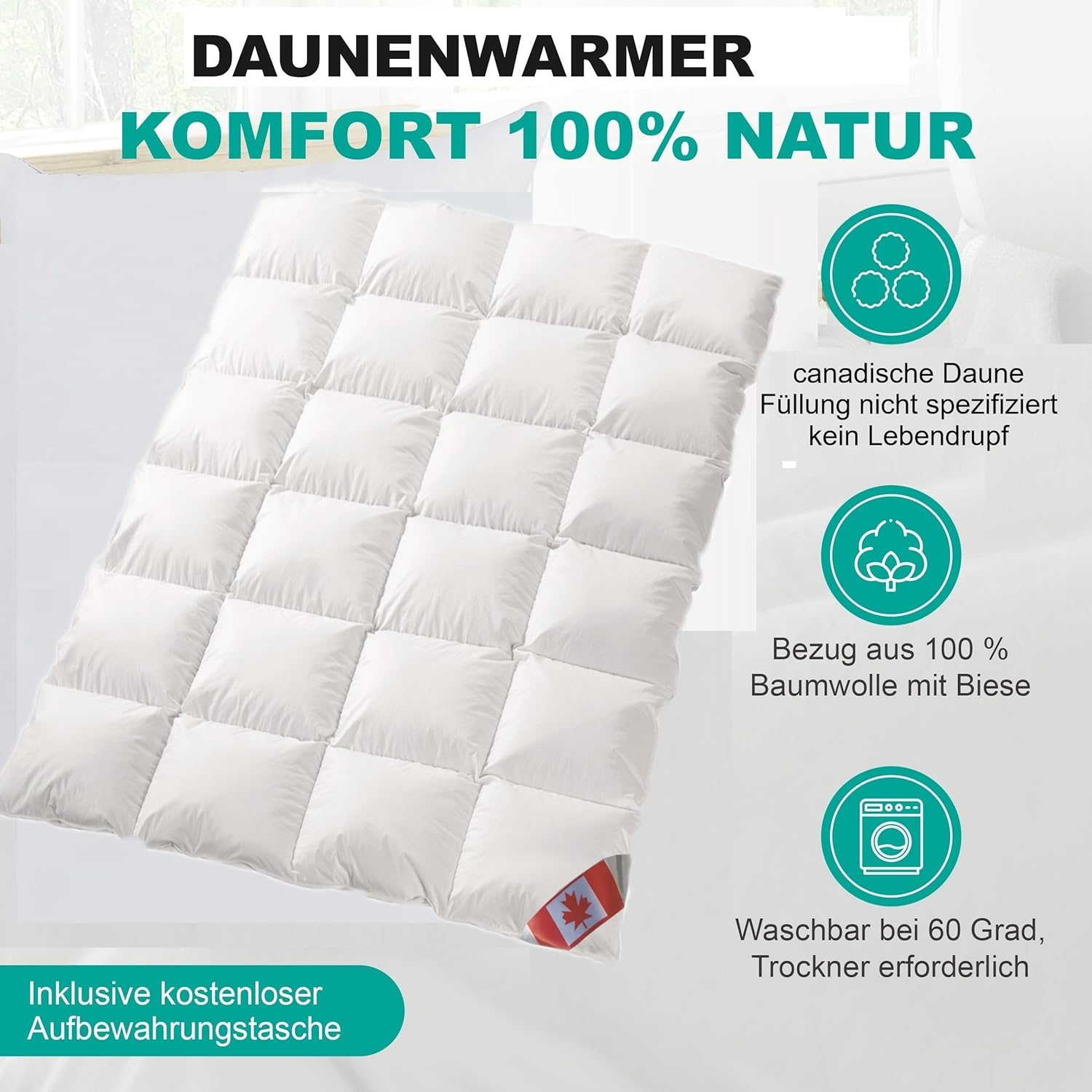 Ganzjahres Daunenbett Kassettenstegbett canadische Daune 100% Natur Landdauenbett Wärmegrad 3 (135x200)