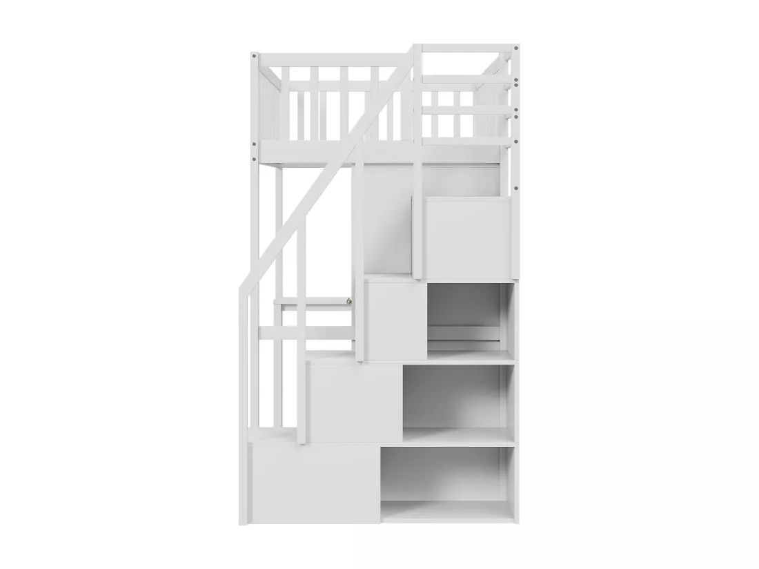 Lit mezzanine 90 x 200 cm avec grande armoire, bureau, bibliothèque, escalier et tiroirs, tout-en-un, Bois MDF, Blanc