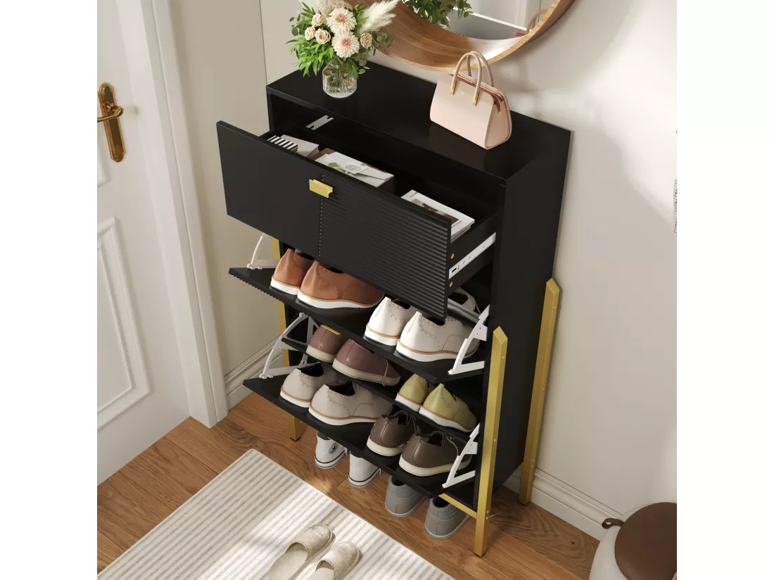 Armoire à chaussures avec tiroirs, porte-chaussures à double étage avec poignées et pieds dorés, design moderne et élégant, noir
