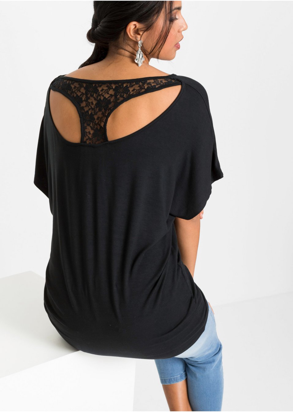 T-shirt manches chauve-souris à dentelle