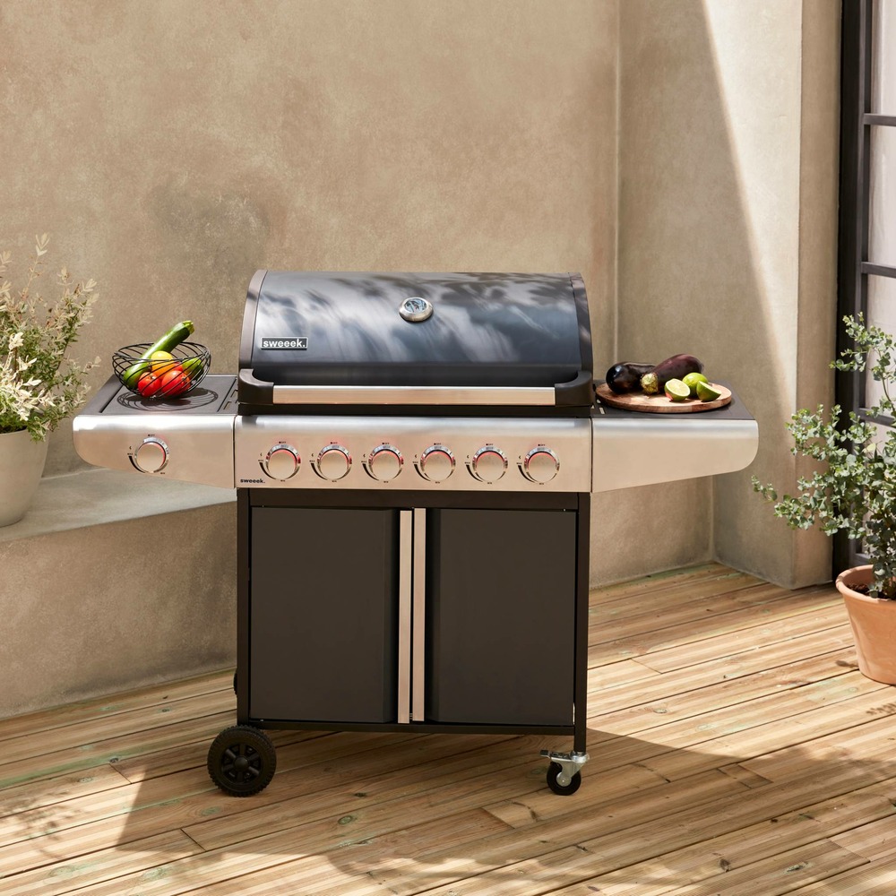 Barbecue au gaz - gris anthracite - cuisine extérieure 7 brûleurs dont 1 feu latéral avec tablettes et thermomètre. Rangement.