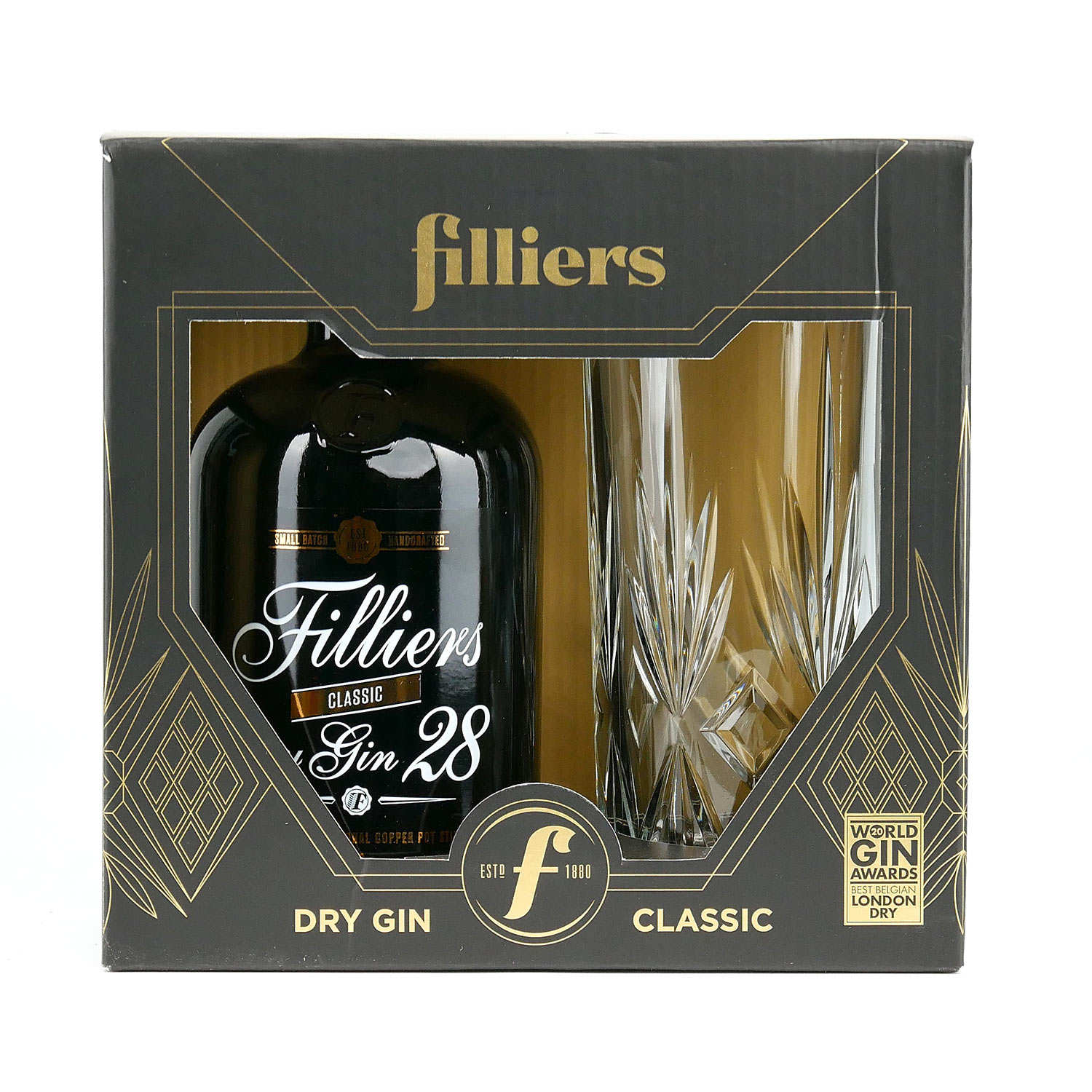 Coffret Filliers dry gin 28 et le verre (Belgique) - 46% - Filliers