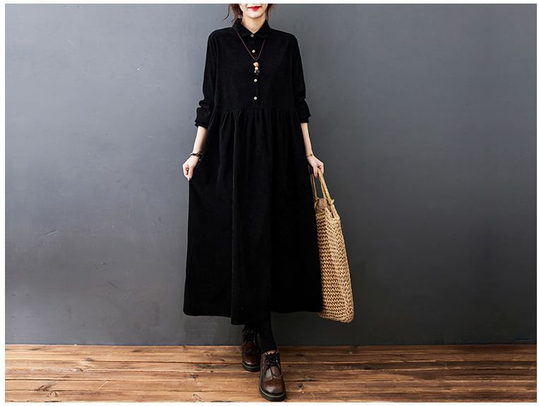 Lucuna - Lange mouwen, kraag, effen corduroy midi-lijn jurk