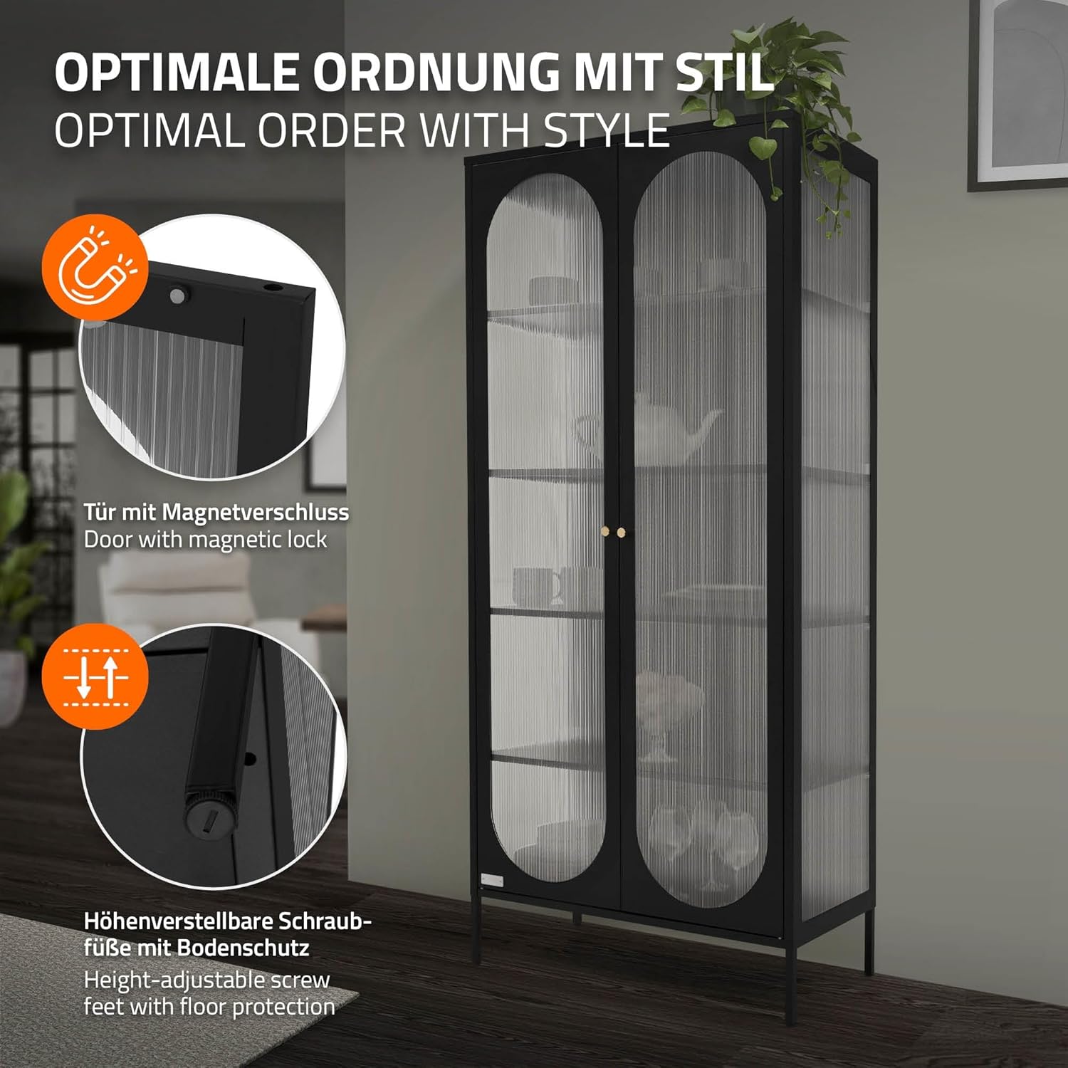 ML-Design Vitrinenschrank 80x175x40 cm, Schwarz, Vitrine mit 5 Ablage-/Regalfächer, 2 Türen, Wohnzimmer Metallschrank aus Stahl, Industrieller Stil, Hochschrank Bücherschrank Aktenschrank Standschrank