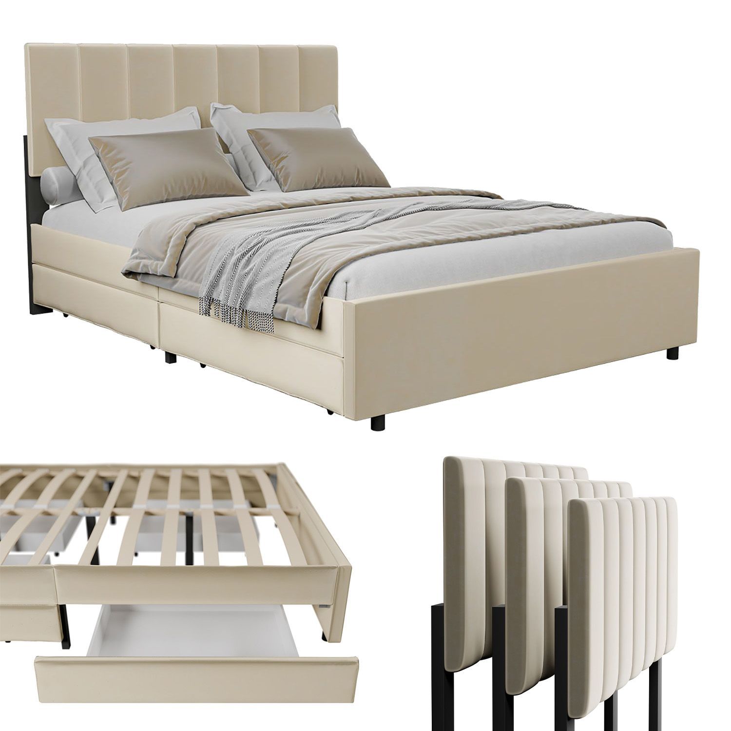 Juskys Samt Polsterbett Soria 140x200 cm mit Lattenrost, Kopfteil & Schubladen - modernes Bett Beige