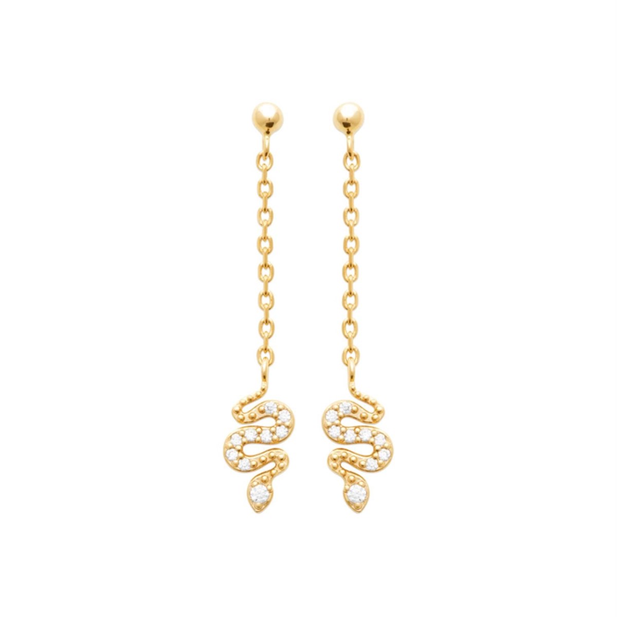 Boucles d'oreilles animal serpent serti d'oxydes de zirconiums avec chainette Plaqué OR 750 3 microns