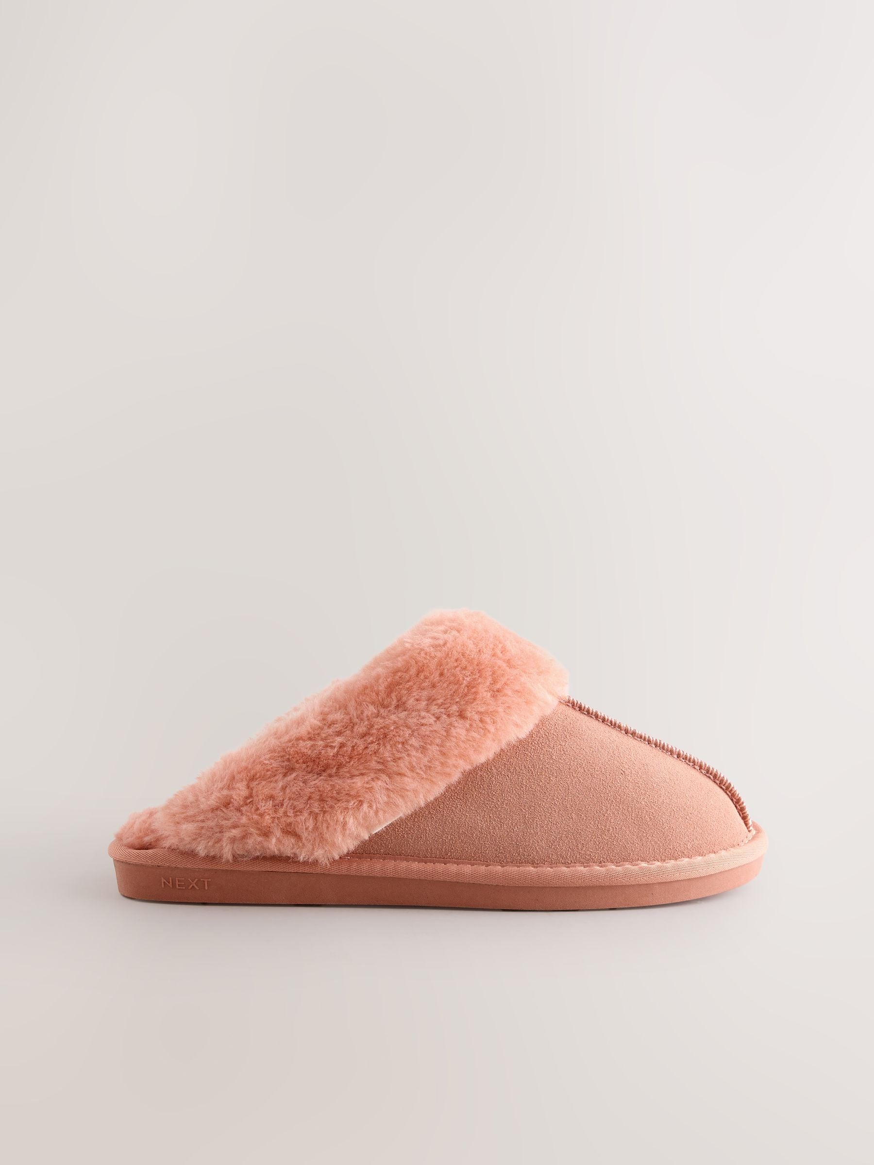 Perzikroze - Met imitatiebont gevoerde suède pantoffelmuiltjes