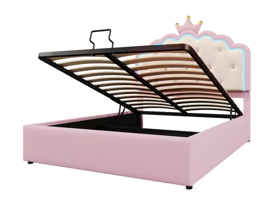 Lit rembourré 140 x 200 cm, avec lumière d'ambiance télécommandée, couronne de forme princesse, PU, rose