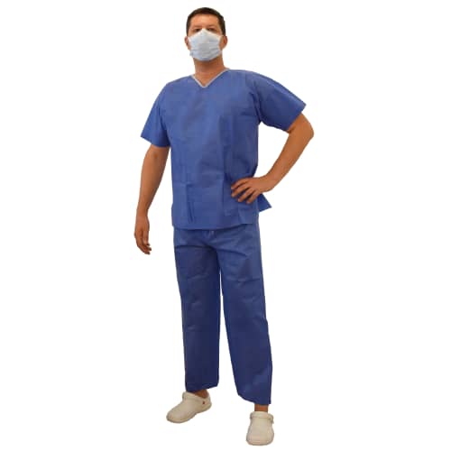 Pyjama SMS 35g/m² antistatique tunique 3 poches pantalon à liens bleu