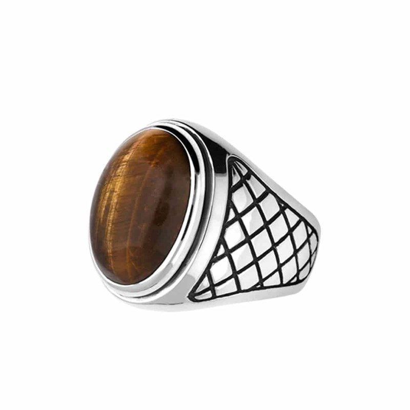 Bague Homme oeil De Tigre Asymétrique Argent