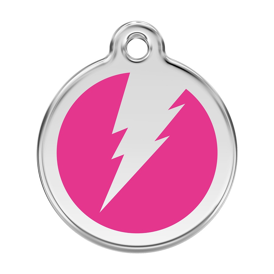 Placa de identificação para cães em aço inoxidável com esmalte rosa choque em formato de raio.