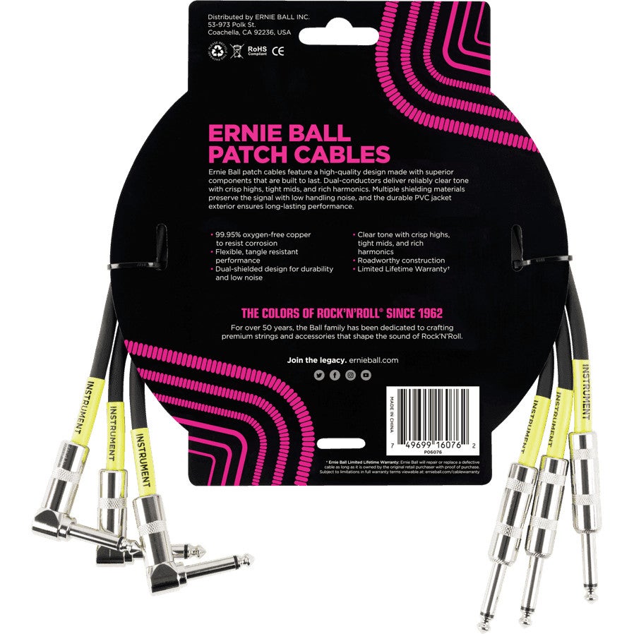 Ernie Ball 6076 patchkabel haaks/recht 46 cm zwart (3 stuks)