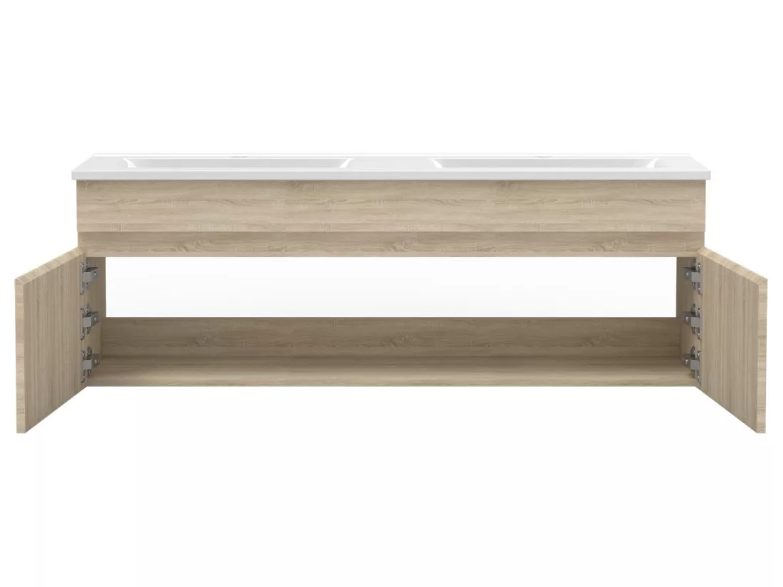 Ensemble meubles Salle de Bain double vasque 120cm + miroir rond lumineux Chêne Wotan